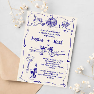 Funky Retro Hand drawn Wedding Rehearsal Dinner Invitation