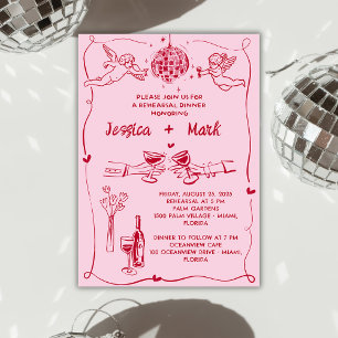 Funky Retro Hand drawn Wedding Rehearsal Dinner Invitation