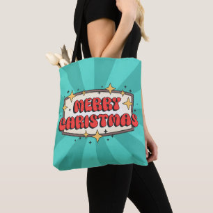 Funky retro merry christmas greeting text tote bag