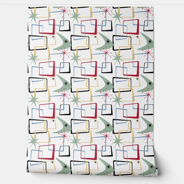 Funky Retro Mid Century Abstract Squares Boomerang Wallpaper (Unrolling)
