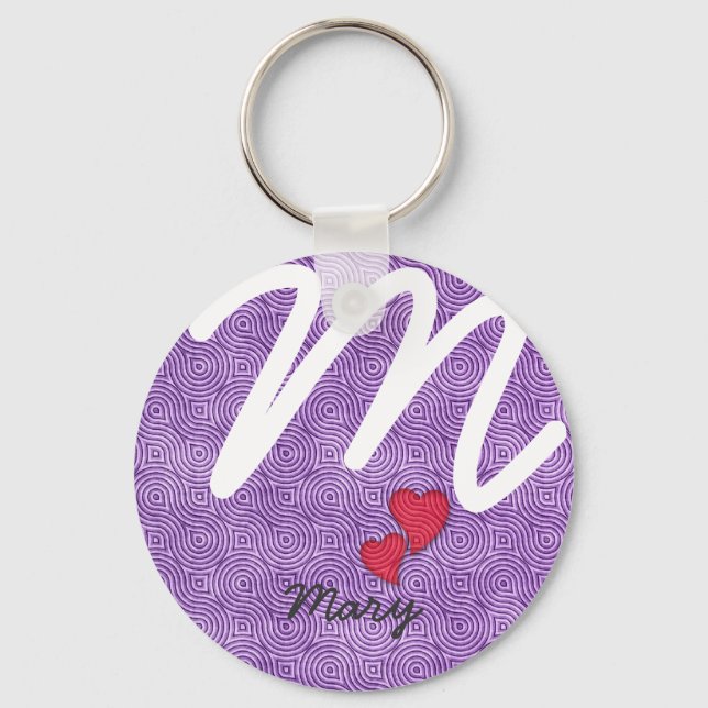Funky Retro Pattern Custom Text Purple Key Ring (Front)