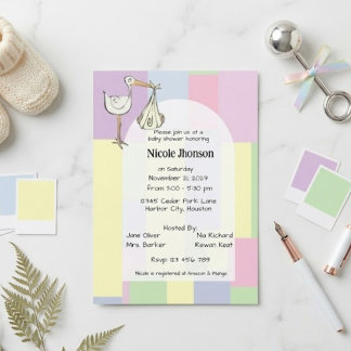 Funky Retro Stork Delivery Baby Shower Invitation