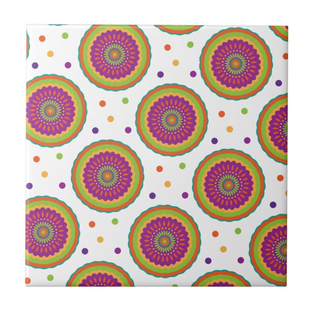 Funky Retro Style Flower and Spot Pattern Ceramic Tile (Front)