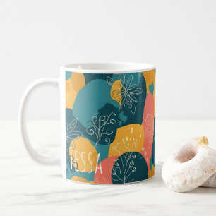 Funky Retro Teal and Yellow Whimsical Art Coffee Mug