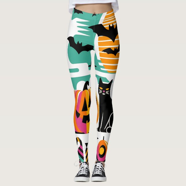 Funky Retro Wave Halloween Pumpkin Black Cat Ghost Leggings (Front)