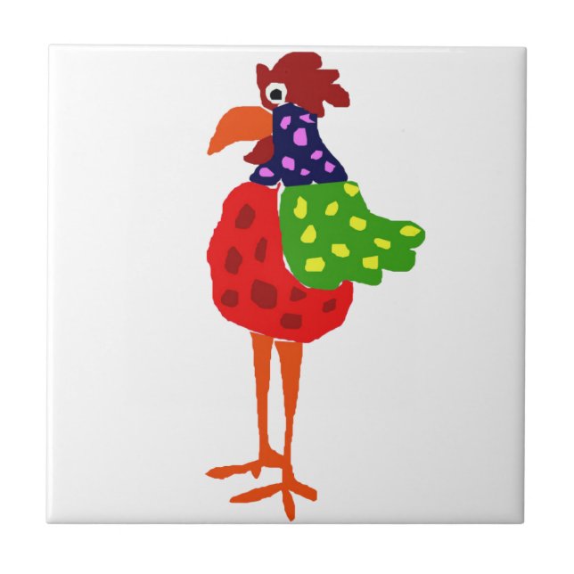 Funky Rooster Folk Art Design Ceramic Tile (Front)