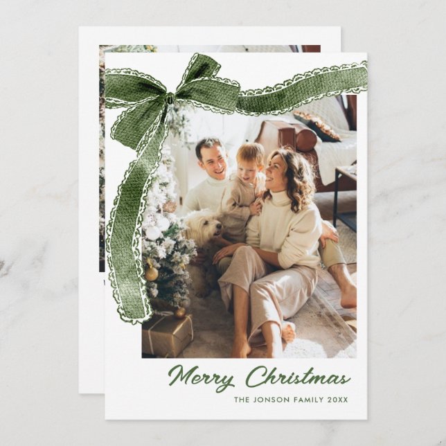 Funky Sage Green Christmas Bow Ribbon 2 Photo Holiday Card (Front/Back)