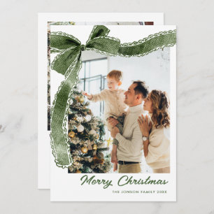 Funky Sage Green Christmas Bow Ribbon 2 Photo Holiday Card