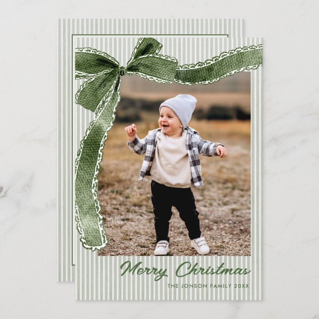 Funky Sage Green Christmas Bow Ribbon 2 Photo Holiday Card (Front/Back)