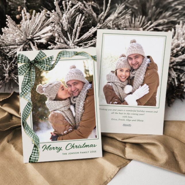 Funky Sage Green Christmas Bow Ribbon 2 Photo Holiday Card (Creator Uploaded)