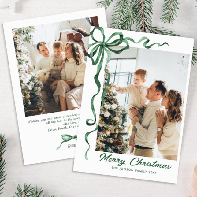 Funky Sage Green Christmas Bow Ribbon 2 Photo Holiday Card (Creator Uploaded)