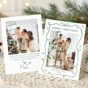 Funky Sage Green Christmas Bow Ribbon 2 Photo Holiday Card