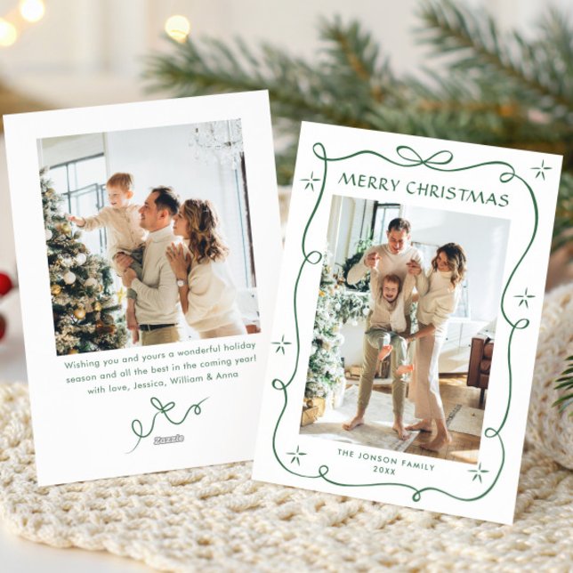 Funky Sage Green Christmas Bow Ribbon 2 Photo Holiday Card (Creator Uploaded)