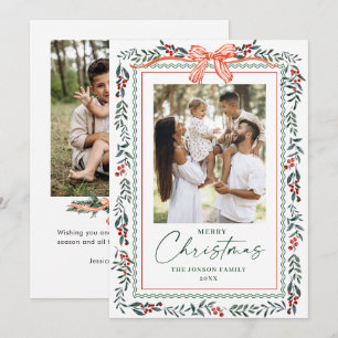 Funky Sage Green Christmas Bow Ribbon 2 Photo Holiday Card