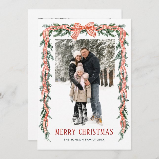 Funky Sage Green Christmas Bow Ribbon 2 Photo Holiday Card (Front/Back)