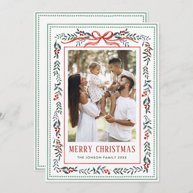 Funky Sage Green Christmas Bow Ribbon 2 Photo Holiday Card (Front/Back)