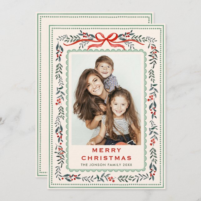 Funky Sage Green Christmas Bow Ribbon 2 Photo Holiday Card (Front/Back)