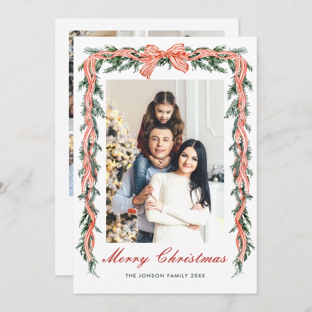 Funky Sage Green Christmas Bow Ribbon 5 Photo Holiday Card (Front/Back)