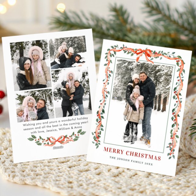 Funky Sage Green Christmas Bow Ribbon 5 Photo Holiday Card (Creator Uploaded)