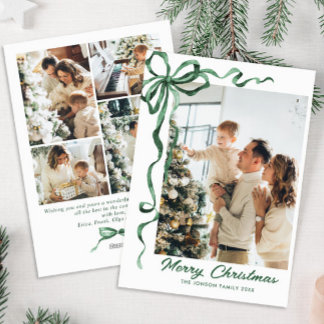 Funky Sage Green Christmas Bow Ribbon 5 Photo Holiday Card