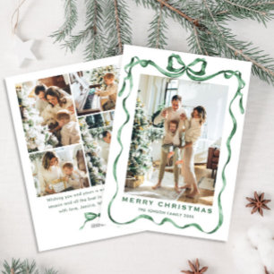 Funky Sage Green Christmas Bow Ribbon 5 Photo Holiday Card