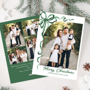 Funky Sage Green Christmas Bow Ribbon 5 Photo Holiday Card