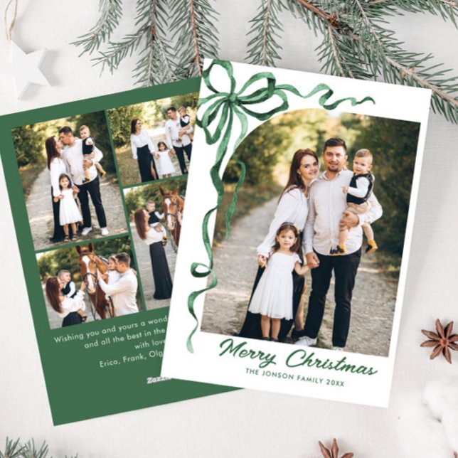 Funky Sage Green Christmas Bow Ribbon 5 Photo Holiday Card (Creator Uploaded)