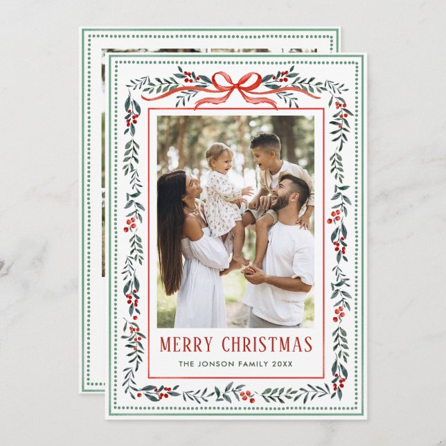 Funky Sage Green Christmas Bow Ribbon 5 Photo Holiday Card (Front/Back)