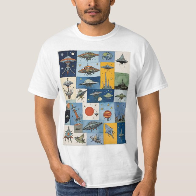 Funky Sci-Fi Retro Alien Spaceships T-Shirt (Front)