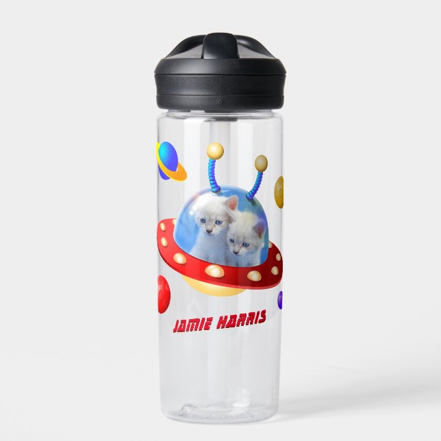 Funky SciFi Cats Outer Space Boys Astronaut UFO Water Bottle (Front)