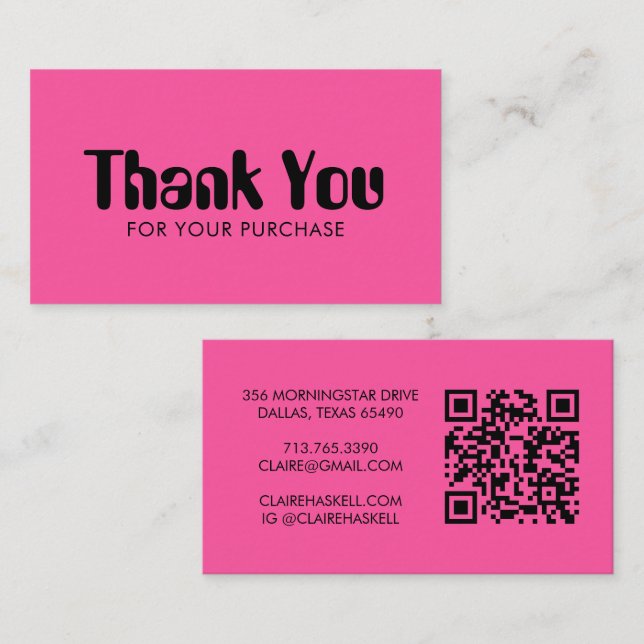 Funky Script Bold Order Thank You Minimal QR Code Business Card (Front/Back)
