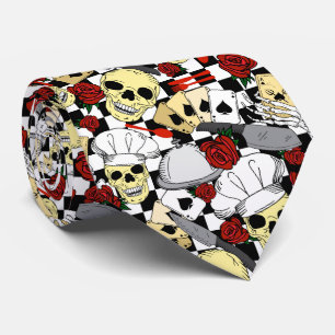 Funky Skulls Red Roses Chequered Chef Pattern Tie