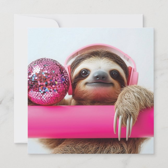 Funky Sloth with Pink Headphones and Disco Ball Holiday Card (Front)