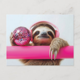 Funky Sloth with Pink Headphones and Disco Ball Postcard