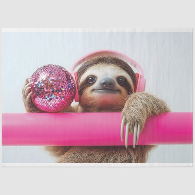 Funky Sloth with Pink Headphones and Disco Ball Tissue Paper (Front)