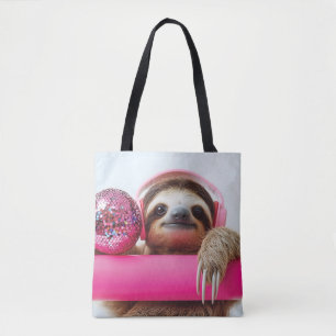 Funky Sloth with Pink Headphones and Disco Ball Tote Bag