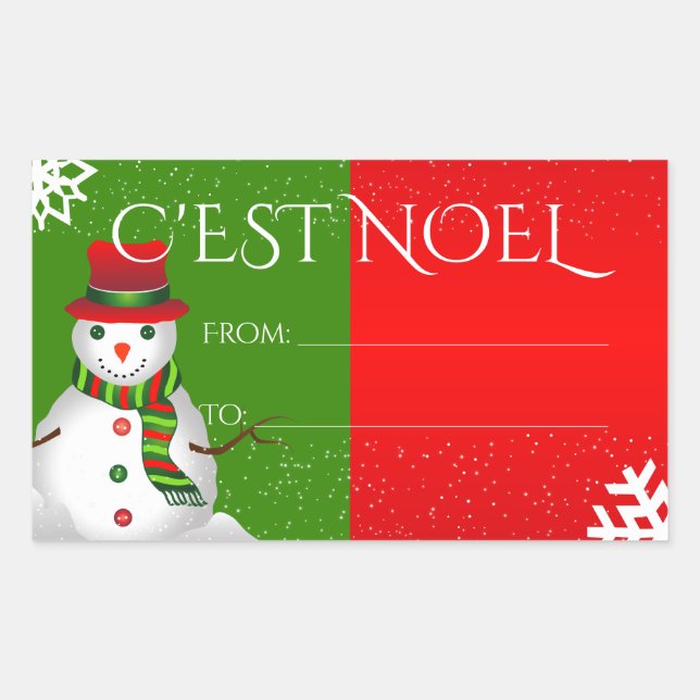 Funky Snowman in Red White and Green Rectangular Sticker (Front)