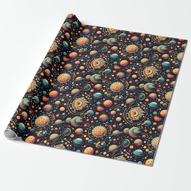 funky Solar System pattern Wrapping Paper  (Unrolled)
