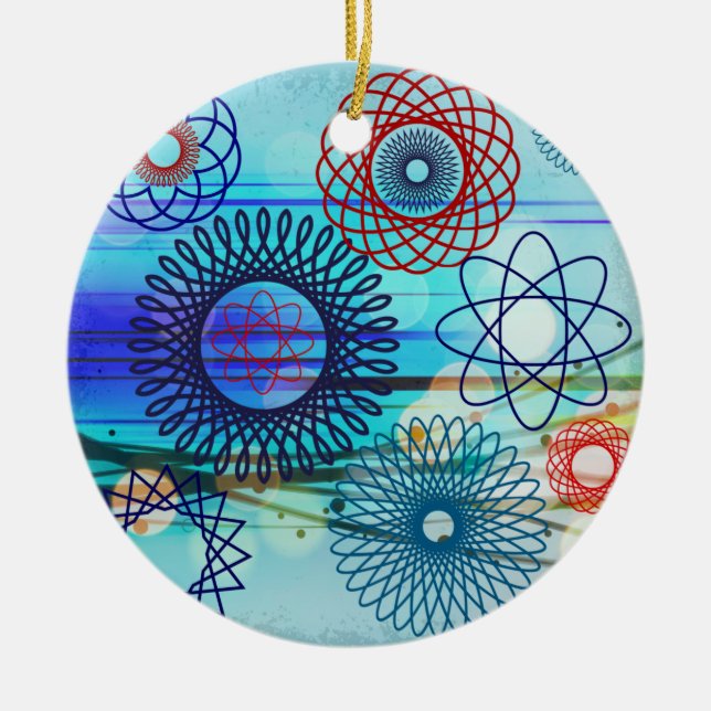 Funky Spirograph Geometric Pattern Blue Design Ceramic Ornament (Front)
