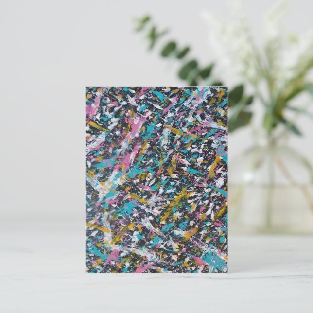 Funky Splatter Art on Black Postcard (Standing Front)