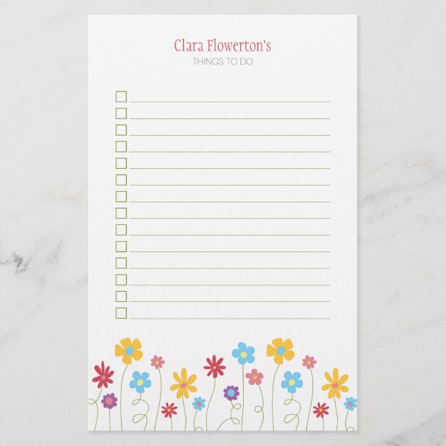 Funky Spring Flowers To Do List Stationery (Front)