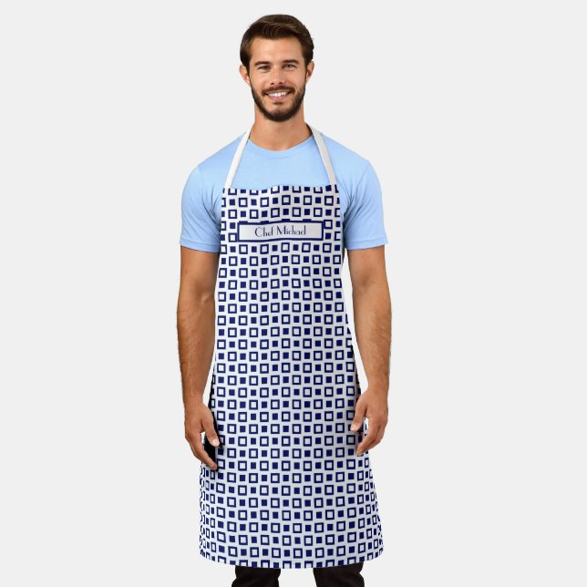Funky Squares Pattern DIY Colours Navy White SV Apron (Worn)