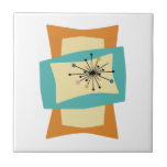 Funky Squeezed Rectangles Mid Century Modern Ceramic Tile<br><div class="desc">This funky mid century modern ceramic tile features squeezed and stretched rectangle shapes in the colours turquoise blue,  cream,  and orange. Starburst accents in pink,  blue,  gold,  and black highlight the design. Add that funky retro accent to your tiling project!</div>