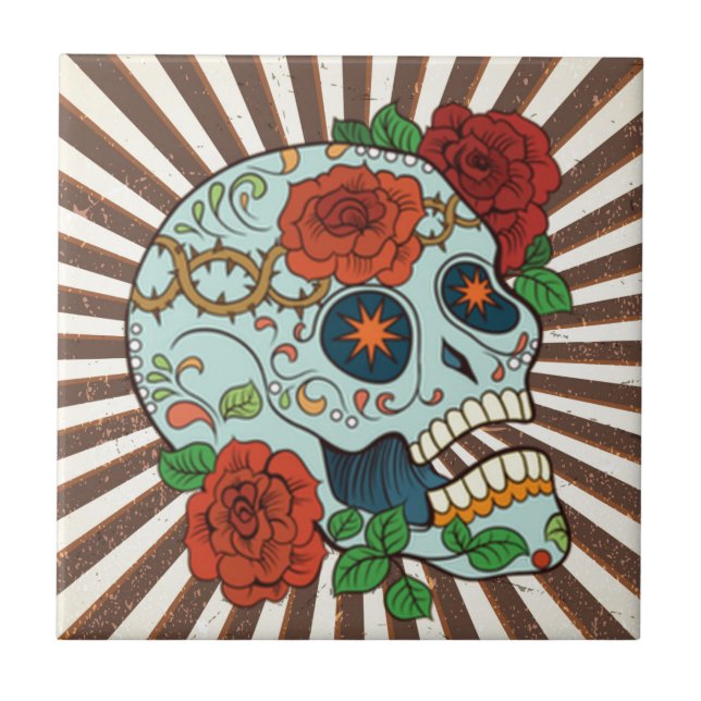 Funky Sugar Skulls Dia de los Muertos Tile (Front)