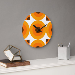 Funky Summer Orange Brown Circles Art Pattern Large Clock