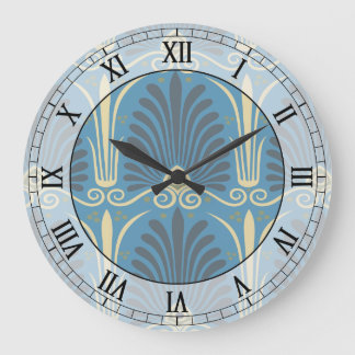 funky taupe and blue ancient damask roman numerals large clock
