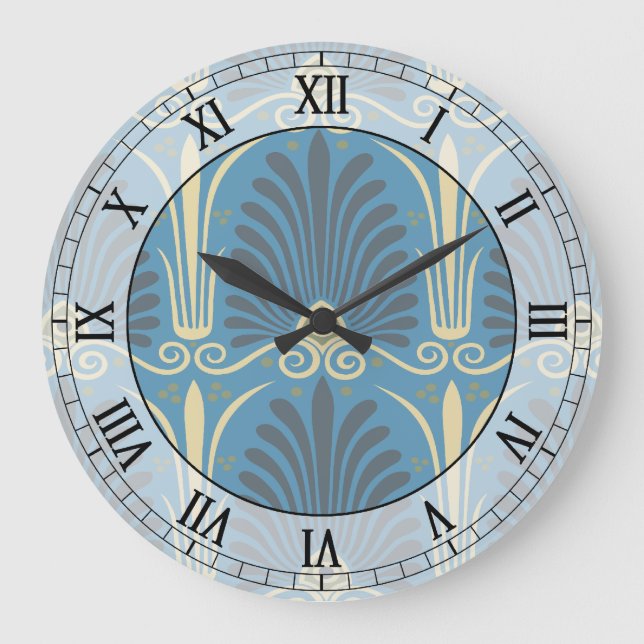 funky taupe and blue ancient damask roman numerals large clock (Front)