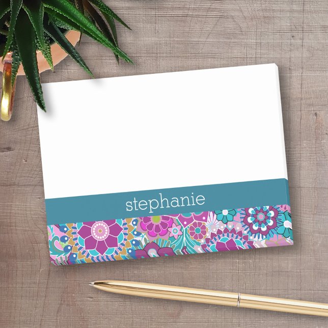 Funky Teal and Pink Floral Pattern - Add Name Post-it Notes (Personalized Post-It Notes - add name or other text)