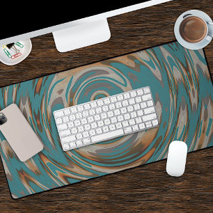 Funky Teal Blue Green Rust Orange Spiral Pattern Desk Mat