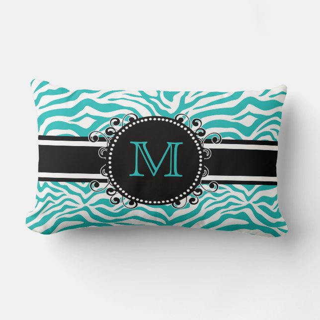 Funky Teen or Tween BLUE Zebra Print with Monogram Lumbar Cushion (Front)